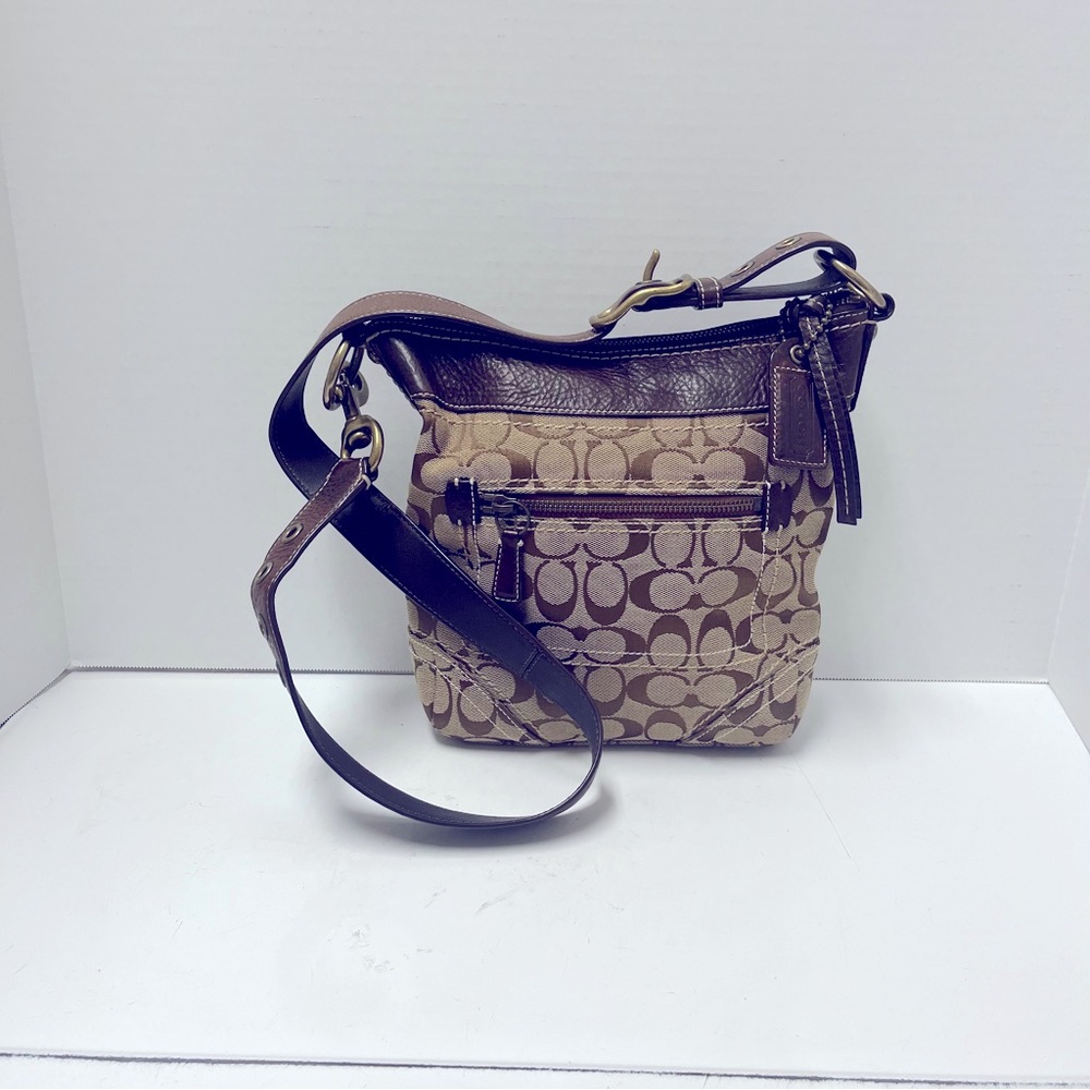 Coach Signature Brown Canvas Shoulder Bag,adjustable strap, Coach dust bag.